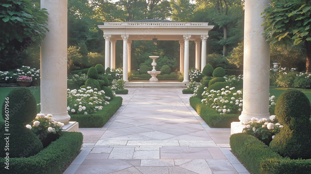 Poster Formal Garden Path Lined with Marble Columns and Topiary