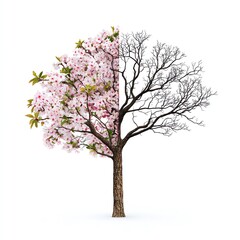 Obraz premium A striking tree divided between vibrant blossoms and bare branches.