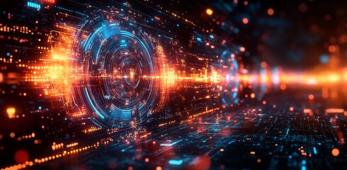 Fototapeta premium A futuristic digital background illustration featuring a circle tech head-up display, a grid field, and a circuits network curve panel for advertising or games