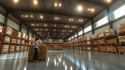A woman in a warehouse checks an inventory list while standing in front of a row of boxes.
