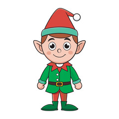 Cute Christmas Elf Cartoon Character in Green Outfit, Cute Holiday Elf with Green Hat and Red Collar