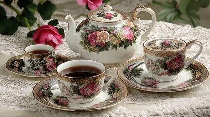 Fototapeta premium Exquisite China Tea Set on a Lace-Trimmed Tablecloth