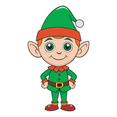 Cute Christmas Elf Cartoon Character in Green Outfit, Cute Holiday Elf with Green Hat and Red Collar