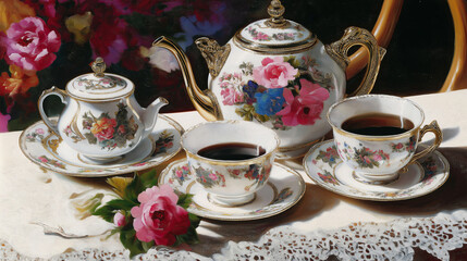 Fototapeta premium Exquisite China Tea Set on a Lace-Trimmed Tablecloth