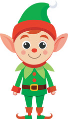 Cute Christmas Elf Cartoon Character in Green Outfit, Cute Holiday Elf with Green Hat and Red Collar
