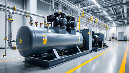 A large industrial air compressor system operating in a modern manufacturing facility, showcasing powerful equipment in a factory production setting.