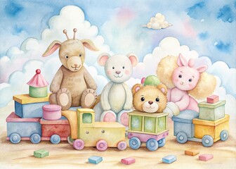 Fototapeta premium Watercolor Illustration of Charming Children's Toys in Soft Pastel Colors, Ideal for Nursery Decor and Playroom Inspiration, Evoking a Serene and Playful Atmosphere