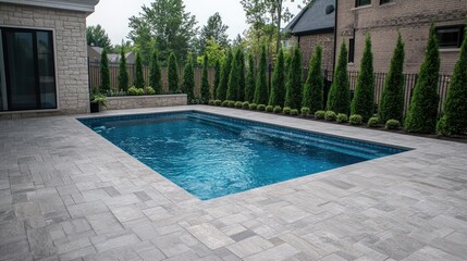 Obraz premium Elegant Outdoor Swimming Pool Surrounded by Lush Greenery and Modern Stone Pavers in a Tranquil Residential Backyard Setting