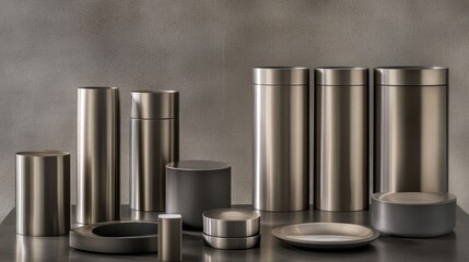 Collection of Elegant Metallic Storage Containers and Tableware Featuring Minimalist Design on a Textured Background for Modern Interior Decor