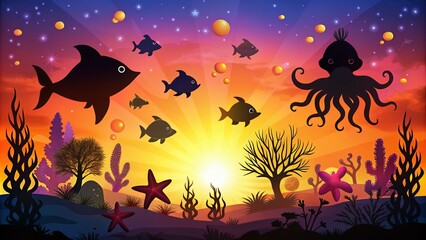 Whimsical Silhouettes of Cartoon Sea Creatures Against a Vibrant Sunset, Perfect for Children's Decor and Educational Materials