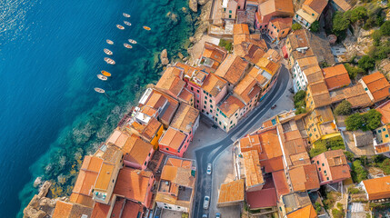 Birds-eye view of a coastal town with colorful rooftops, winding streets, and a sparkling blue ocean in the background