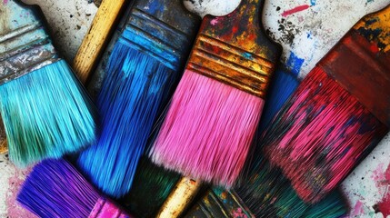 Vibrant Art Paint Brushes with Colorful Bristles on a Splattered Surface Revealing a Dynamic Artistic Palette and Creative Expression