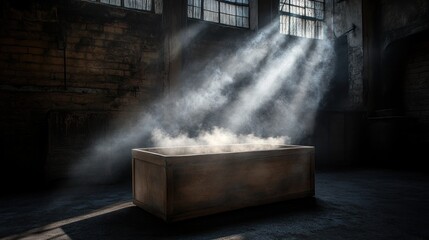 A wooden crate sits in the middle of a dark, abandoned warehouse, with sunlight streaming in through the windows, illuminating a cloud of dust and smoke that hangs over the crate.