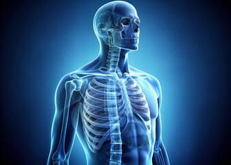 X-ray of a Human Torso in Blue Tones with Detailed Anatomy Visualization and Copy Space for Medical Illustrations, Health Education, and Diagnostic Purposes