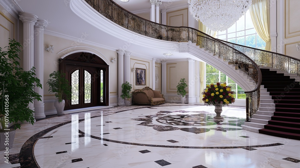 Poster crystal chandelier in a foyer with marble floors and staircase