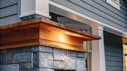 Warm porch light illuminating a stone and wood facade.