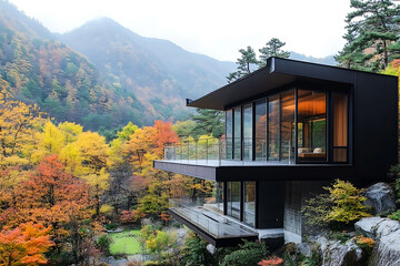 Scenic Mountain House in Autumn Landscape with Vibrant Fall Foliage