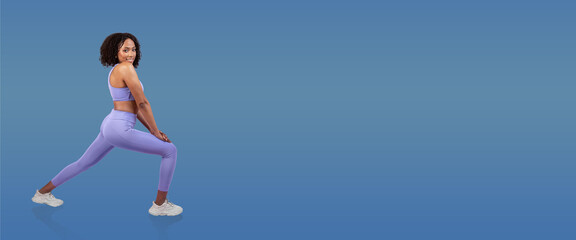 A woman wearing a lavender athletic set performs a stretching exercise, showcasing her form and flexibility. The clean blue background enhances the focus on her movement.