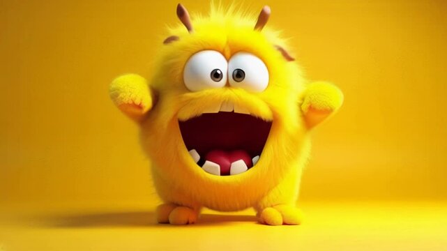 A cute, fluffy yellow monster with big eyes and tiny horns jumps joyfully against a matching yellow background. Its playful expression and vibrant color create a cheerful, fun atmosphere.