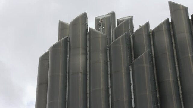 Closeup view of extraordinary architecture details of Futuroscope buildings in Poitiers, France during daytime.