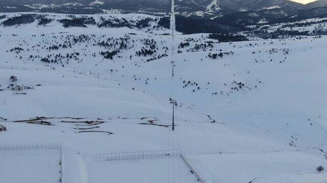 Mountain Zlatibor. Aerial View of Gondola on a Winter Day Before Sunset. Drone Shot