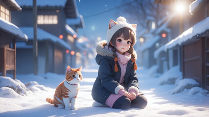3d anime illustration of girl and cat on winter day