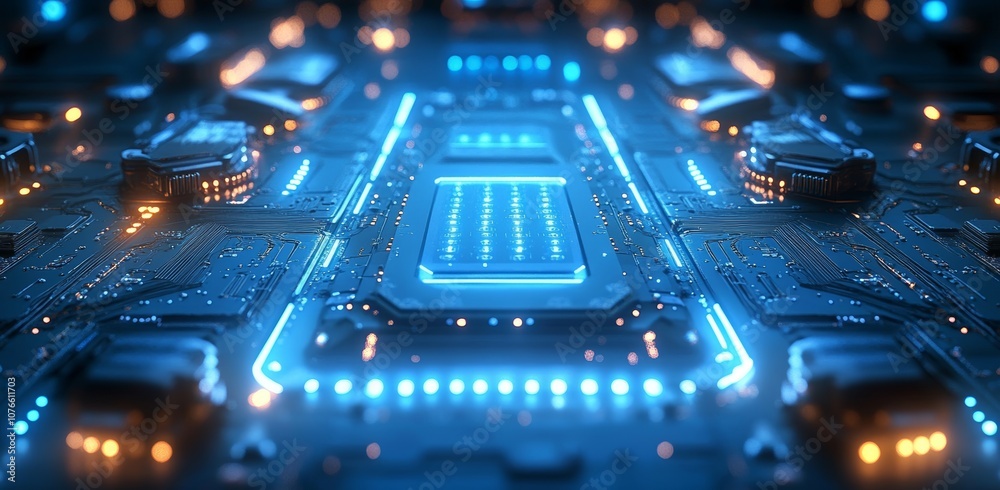 Poster in this abstract digital technology background with digital elements and a grid line circuit network