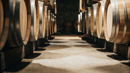A dimly lit wine cellar lined with wooden barrels showcases a rustic ambiance, perfect for aging fine wines in a serene atmosphere.
