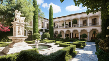 Classical Courtyard with Marble Statues and Fountain