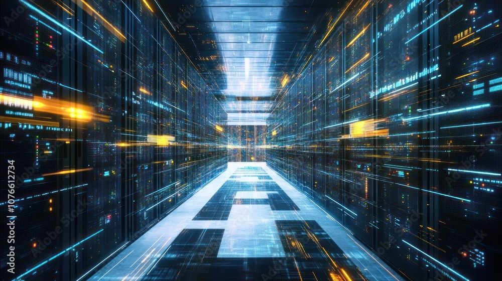 Poster a server room with rows of glowing data servers and abstract digital connections flowing throughout 