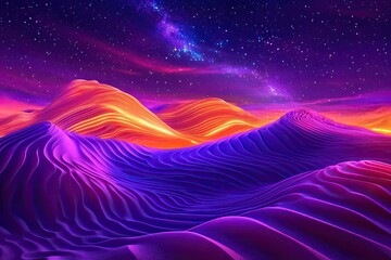 A vibrant, psychedelic desert landscape with swirling purple and orange dunes under a star - studded night sky, illuminated by neon lights