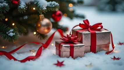 Beautifully wrapped gifts adorned with vibrant red ribbons are nestled amidst snow and delightful Christmas decorations