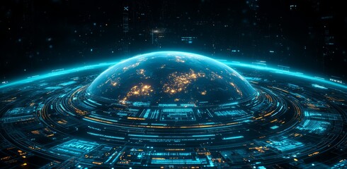 Business strategy and digital communication concepts are used to design futuristic pins on world maps.