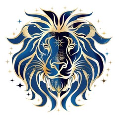 The powerful Leo zodiac sign shines in luxurious blue and gold, symbolizing strength and confidence, set on a serene white background