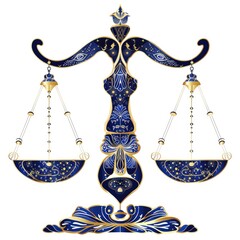 Delicate balance scales representing Libra stand out in striking blue and gold against a clean white backdrop, embodying harmony and elegance