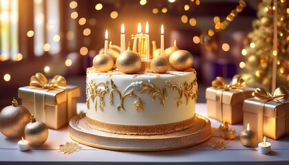 delicious-looking white and gold cake with lit candles on top, surrounded by gifts and candles in a warm and inviting setting.