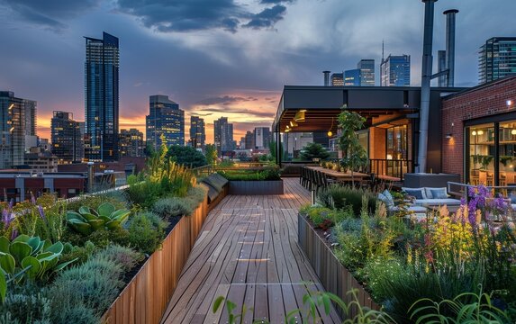 A rooftop garden provides a lush escape amidst the urban landscape at twilight, with a vibrant city skyline rising in the background.