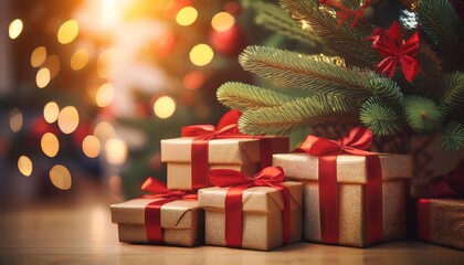 stack of wrapped Christmas presents with red ribbons under a decorated Christmas tree. The background is blurred with warm, golden lights.