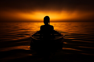 Man in a boat watching at sunset generative AI illustration