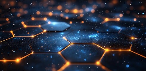 This design features an abstract digital hi tech background with hexagonal grids and circuits in horizontal space. It is suitable for advertising artworks related to games and technology products.