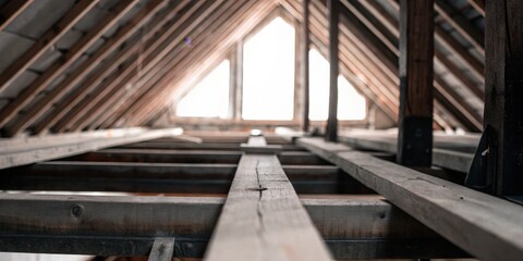 Obraz premium Sunlit attic beams creating a geometric pattern
