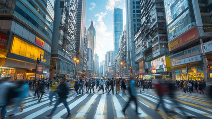 Obraz premium Crowded City Intersection With Skyscrapers And Pedestrians Moving Across The Street