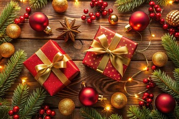Cozy Christmas Presents Wrapped in Red and Gold with Festive Decorations on Wooden Table