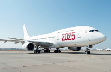 A white passenger plane stands on the runway. On board are the red numbers 2025. The concept of passenger transportation for Christmas 
and New Year's holidays. Close-up