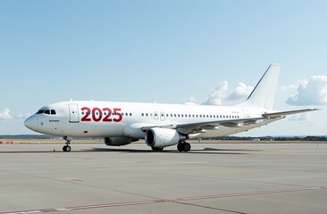A white passenger plane stands on the runway at the airport. On board are the red numbers 2025. The concept of passenger transportation for Christmas 
and New Year's holidays