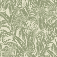 Seamless pattern with palm leaves on green background. Hand drawn vector botanical background.