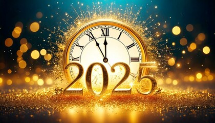 Złote, sylwestrowe tło z napisem 2025 i zegarem pokazującym północ