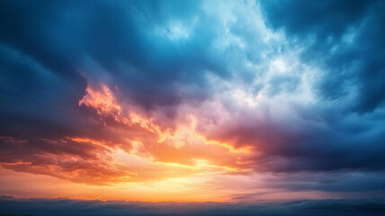 Naklejka premium stunning sunset with vibrant colors illuminating sky, showcasing shades of orange, pink, and blue amidst dramatic clouds. scene evokes sense of tranquility and awe