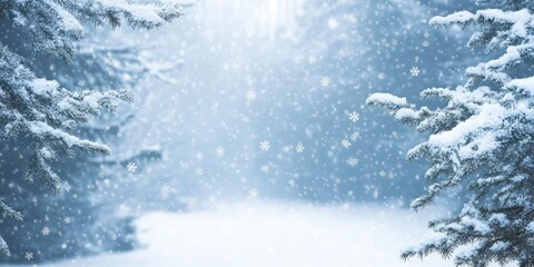 Delicate snowflakes drift softly through the air, blanketing a peaceful forest with shimmering white. Evergreen trees stand tall, creating a tranquil atmosphere that evokes winter's magic