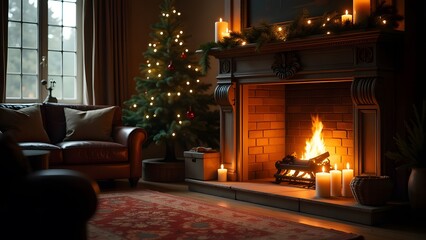 A warm and inviting living room decorated beautifully with a lit fireplace and festive decor, ideal for winter